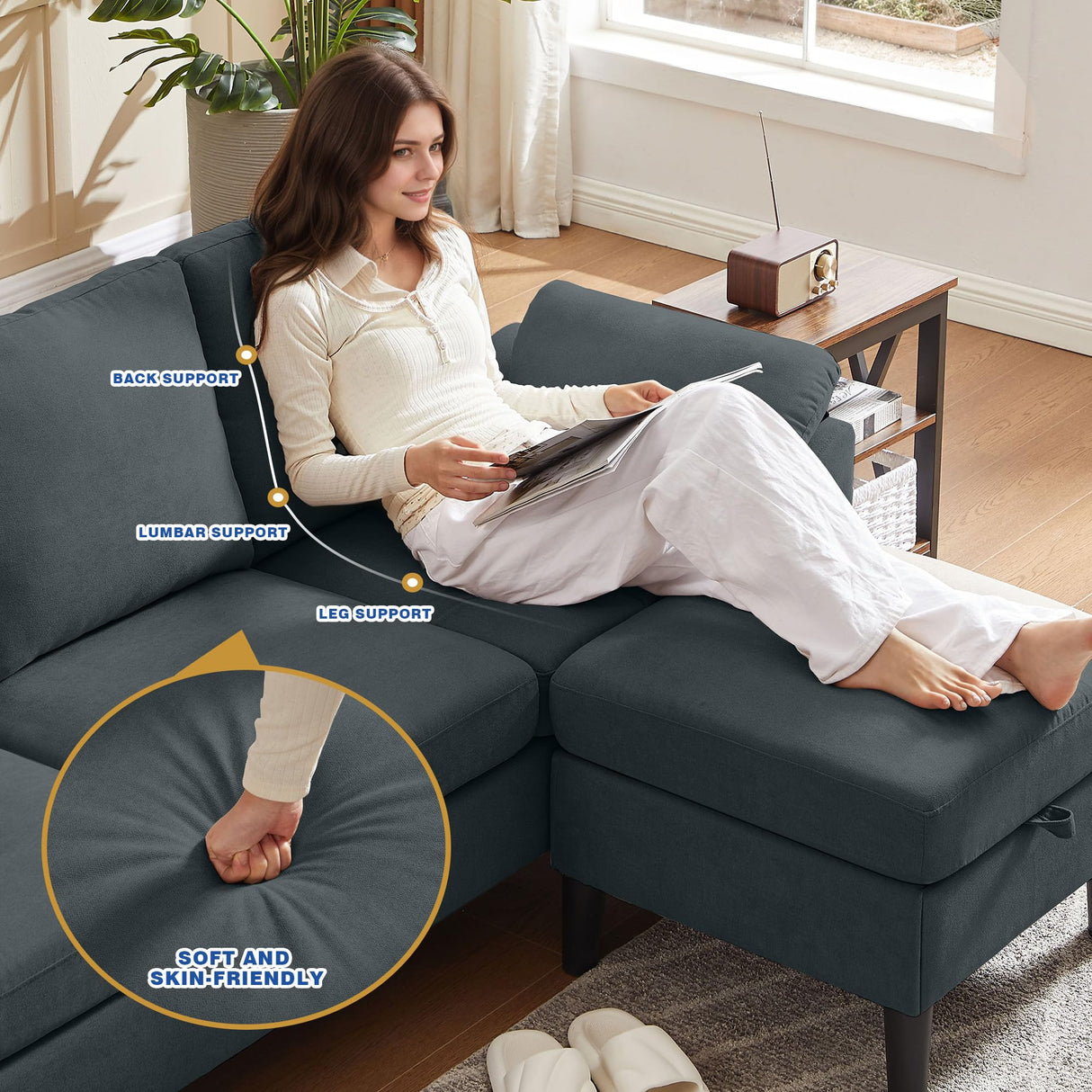 Chireca 80" Convertible Sectional Sofa, Small L Shaped 3 Seat Couch with Reversible Storage Chaise, Modern Polyester Fabric Sofa Couches for Living Room, Apartment and Small Space, Dark Grey Chireca