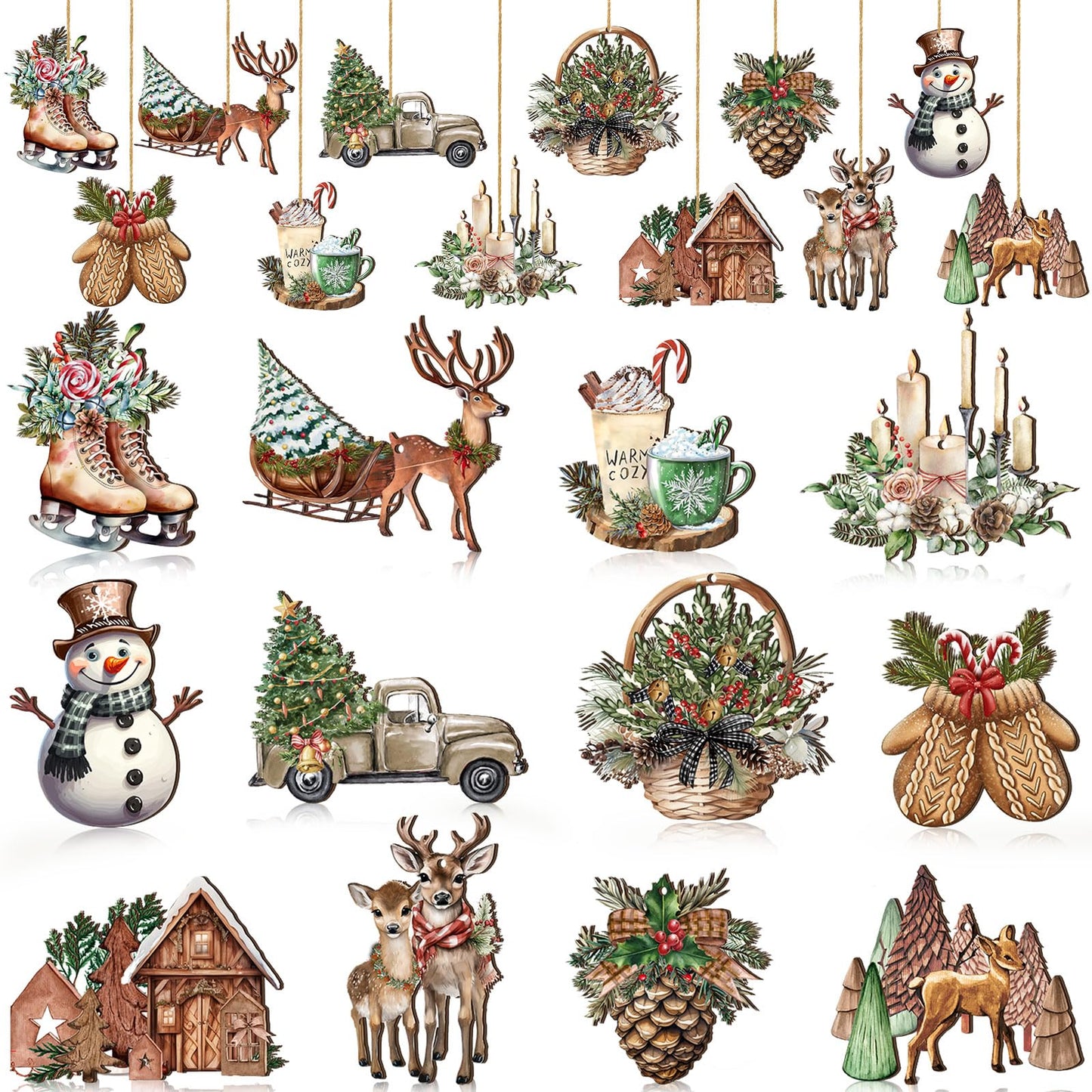 36 Pieces Christmas Wooden Tree Hanging Ornaments Christmas Wooden Pine Cone Elk Truck Snowman Gingerbread House Hanging Signs Christmas Wooden Decor with Rope for Xmas Party