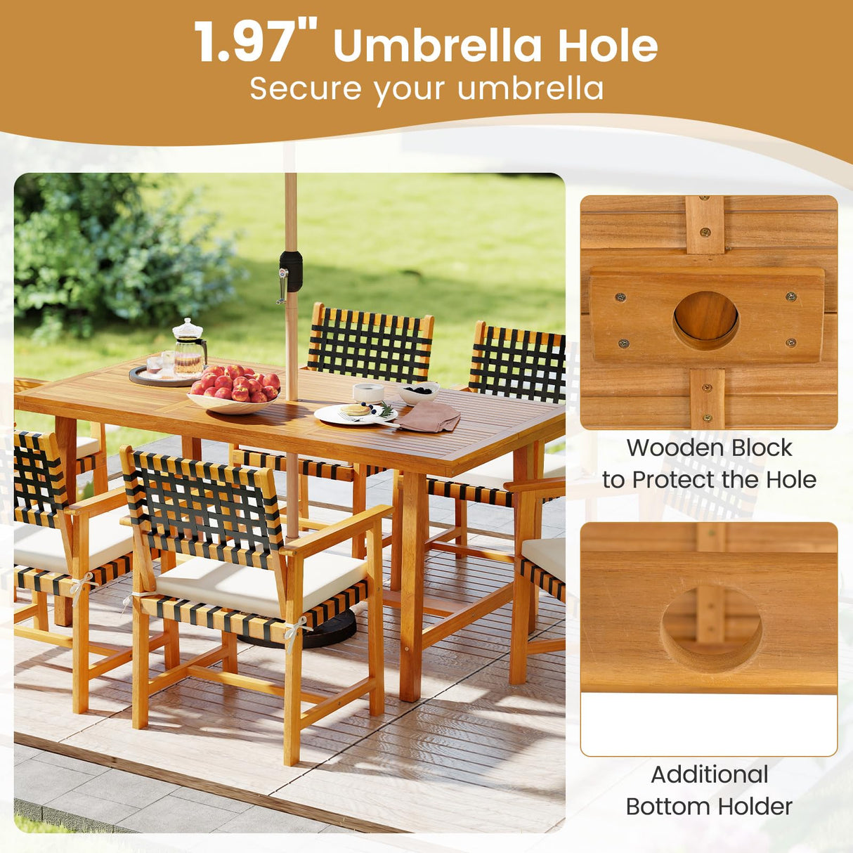 Tangkula 3 Piece Patio Dining Set for 4 People, 63” Outdoor Acacia Wood Rectangular Table with 1.97” Umbrealla Hole & 2 Cushioned Bench, for Deck Yard and Poolside Tangkula