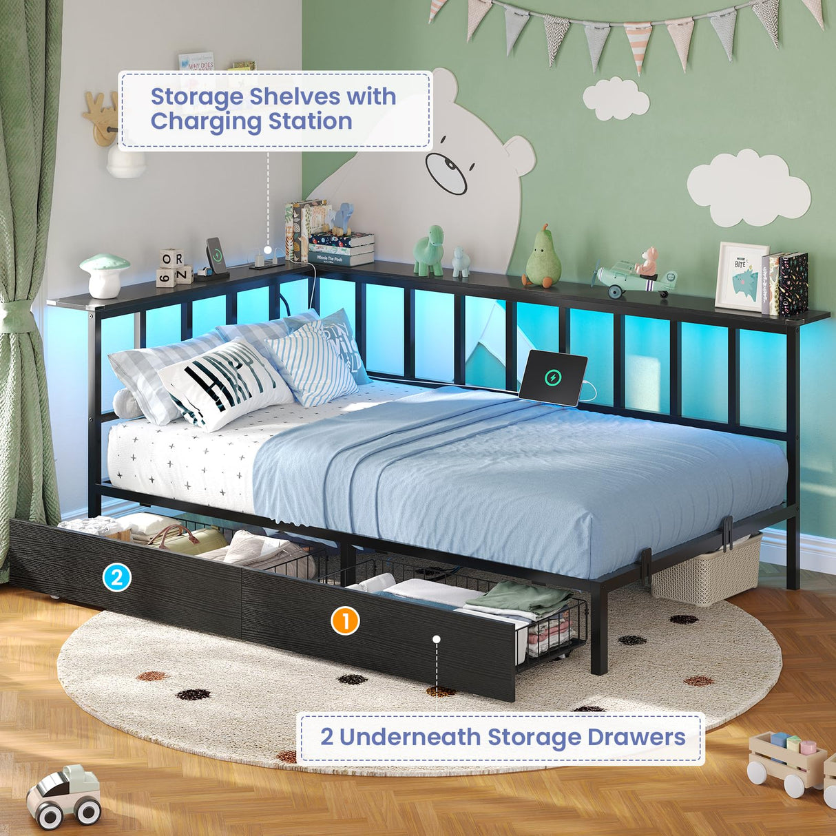 Hasuit Twin Corner Bed Frame with 2 Storage Drawers, Modern Twin Daybed with Charging Station and LED Lights for Kids Teenagers, Metal Platform Bed Frame for Bedroom, Living Room, Guest Room, Black Hasuit