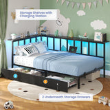 Hasuit Twin Corner Bed Frame with 2 Storage Drawers, Modern Twin Daybed with Charging Station and LED Lights for Kids Teenagers, Metal Platform Bed Frame for Bedroom, Living Room, Guest Room, Black Hasuit