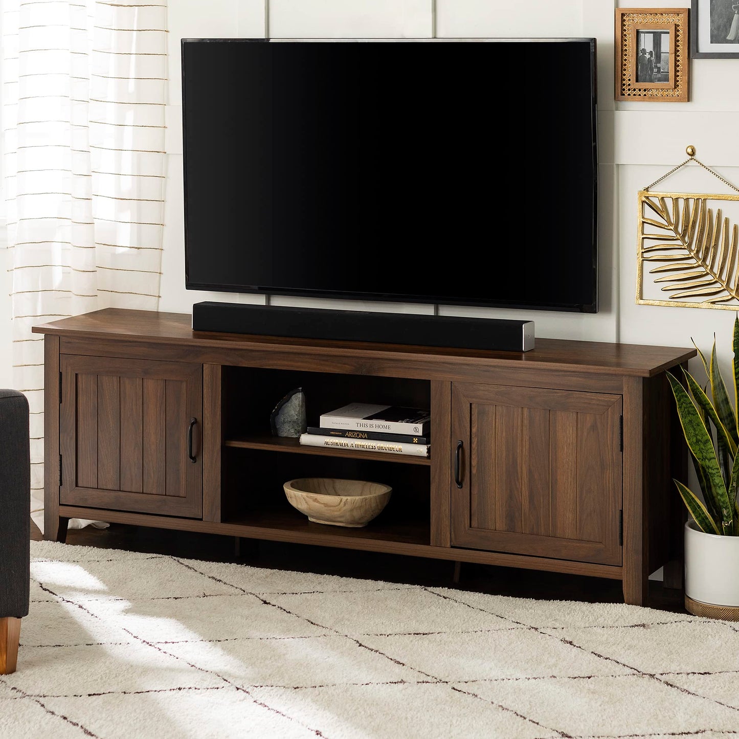 Walker Edison Ashbury Coastal Style Grooved Door TV Stand for TVs up to 80 Inches, 70 Inch, Dark Walnut - WoodArtSupply