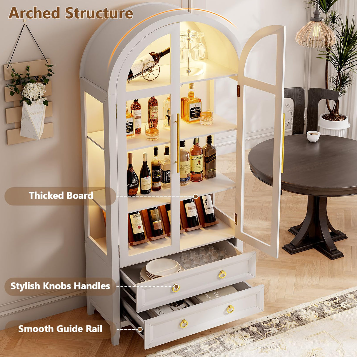 LVSOMT 71" Tall Arched Storage Cabinet with Glass Doors and Drawers, Curio Display Cabinet with Adjustable LED Light & Human Sensor, 4-Tier China Cabinet for Living Room(White) LVSOMT
