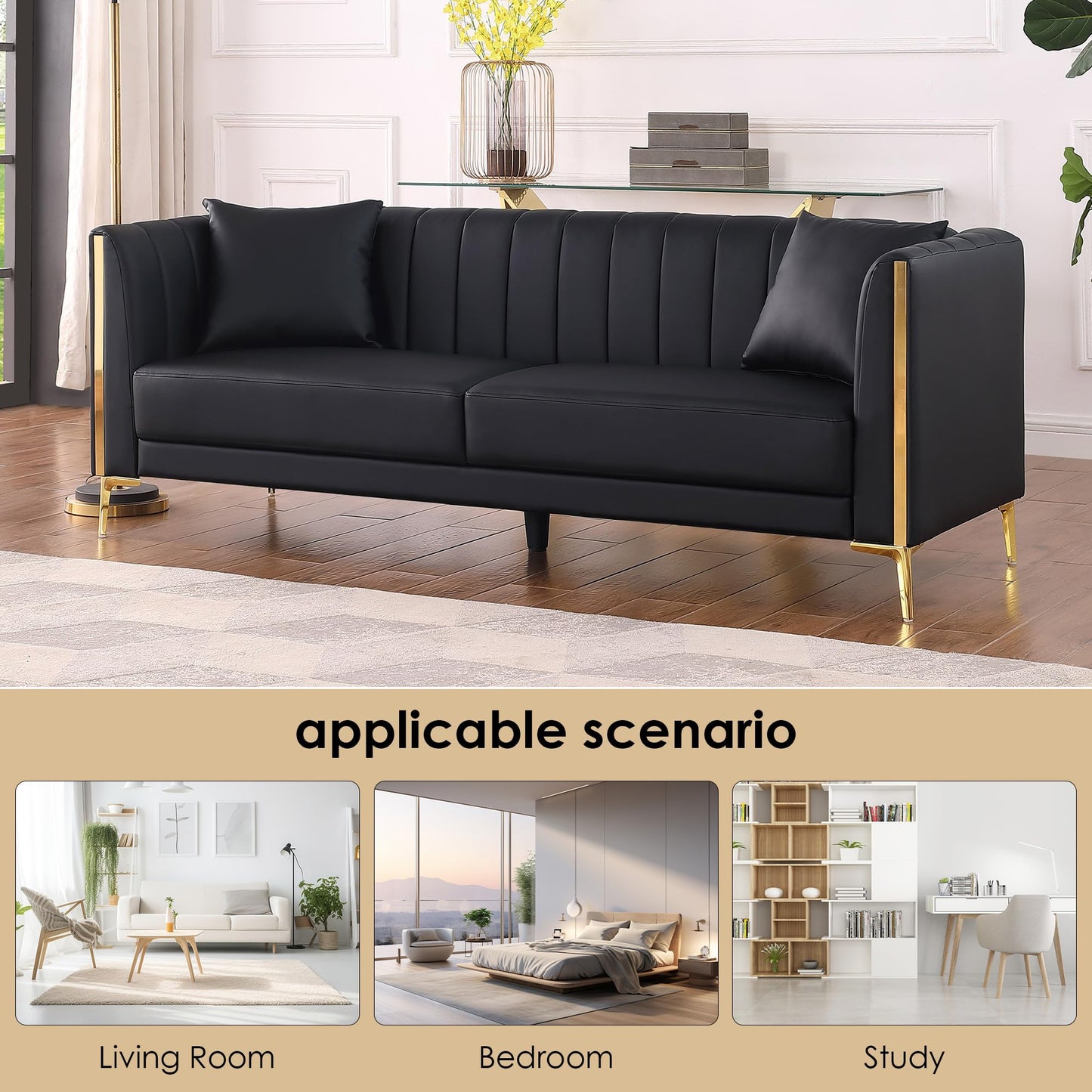 FOTOSOK 78'' Sofa, Black Sofas Couches for Living Room, Comfy Sofa Faux Leather Sofa 3 Seater Sofa with 2 Throw Pillows and Gold Metal Legs, Deep Seat Sofas for Living Room (Black)