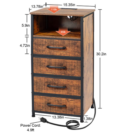 LOAKEKEL Night Stand Set 2, Tall Nightstand with Charging Station, Dresser for Bedroom with 4 Drawers, LED End Tables with USB Ports and Outlets, Rustic Brown, HNS034PBR LOAKEKEL