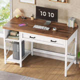 SEDETA 40" Study Table, Small Computer Desk with Drawer & Storage Shelves, Farmhouse Writing Desk for Small Space, White Home Office Desk with Power Outlet, Desk for Bedroom, Living Room SEDETA
