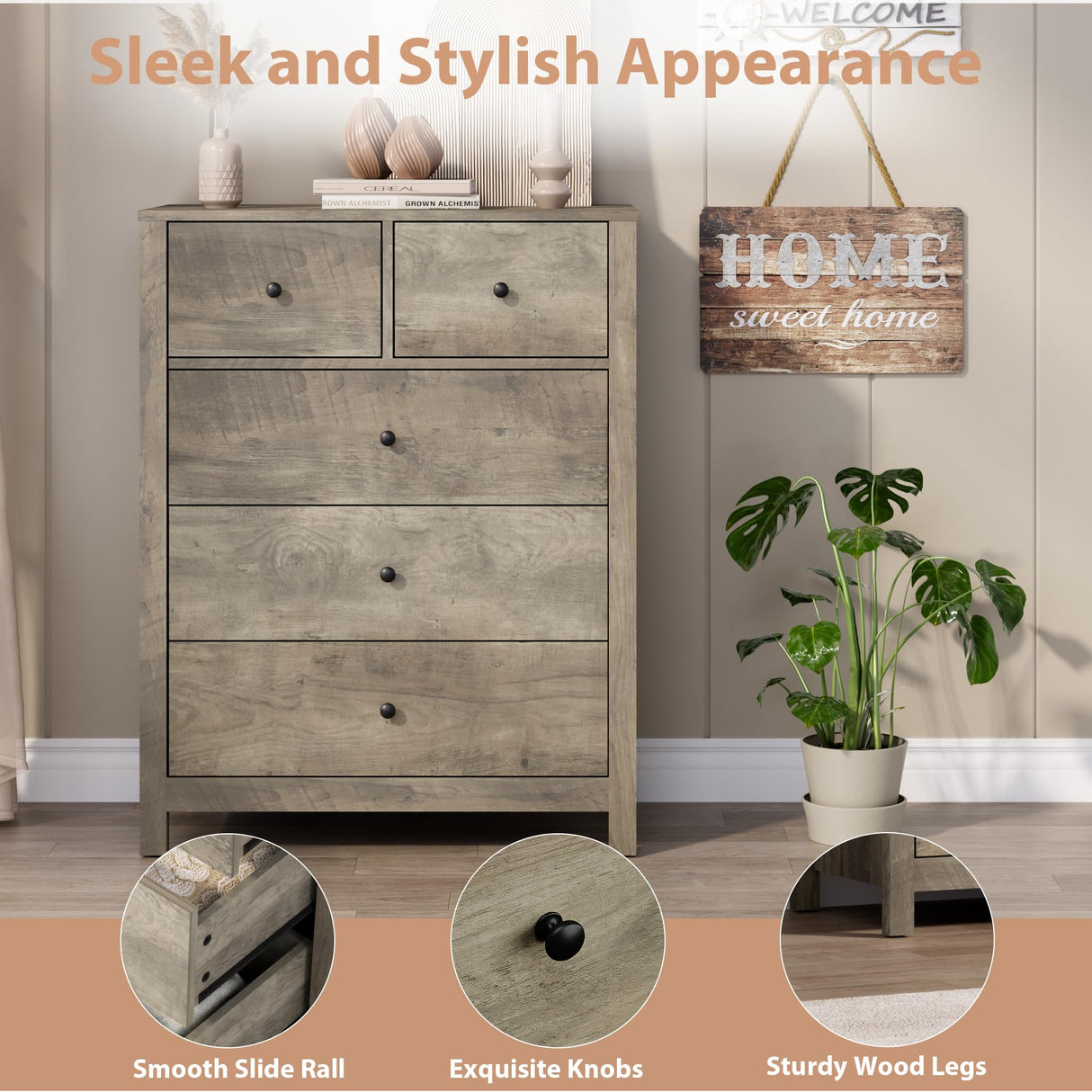 GarveeHome Grey 5 Drawer Dresser for Bedroom, Modern Tall Dresser Organizer with Storage Drawers, Wooden Chests of Drawers for Bedroom, Entryway, Hallway, Home Office GarveeHome