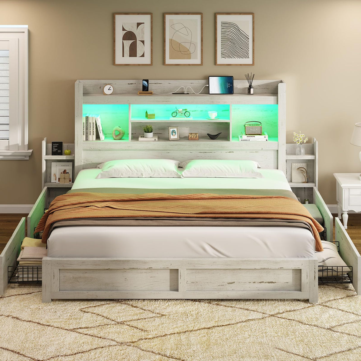 AMERLIFE Distressed White King Bed Frame with 4 Storage Drawers, LED Bookcase Headboard, and Integrated Charging Station AMERLIFE