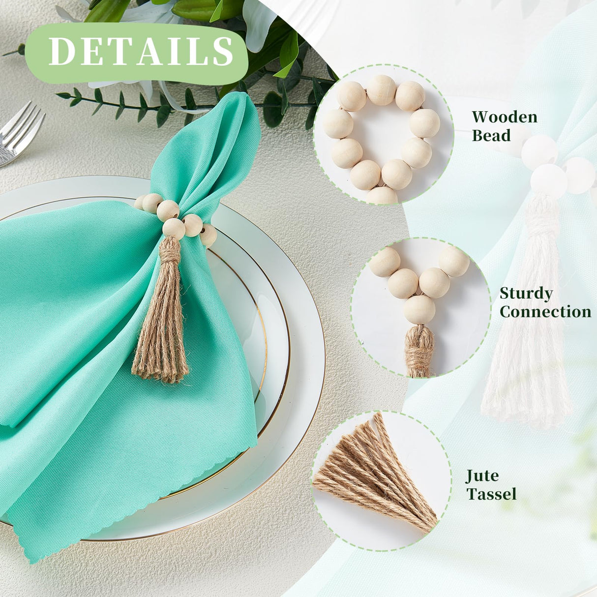 Napkin Rings Set of 6, Wooden Napkin Rings, Wood Bead Napkin Rings for Table Decor, Fall Thanksgiving Farmhouse Napkin Rings for Boho Table Decor, Spring Banquet, Wedding, Holiday Dinner Party, Easter APTWOW