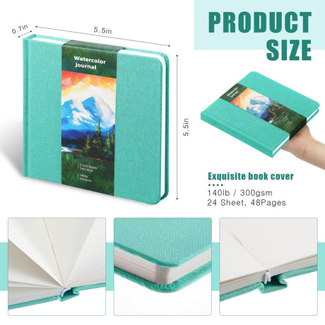 Dispowreath 5.5" x 5.5" Watercolor Sketchbook Journal Square Watercolor Notebook Cold Press 140lb 300gsm Cotton Paper 48 Pages Journals Notebook Paper Pads(Turquoise,5.5x5.5 in) Dispowreath
