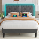 VECELO Dark Grey Upholstered Full Bed Frame with Adjustable Headboard, LED Lights & Integrated Charging Station VECELO