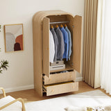 LEVNARY Arched Armoire Wardrobe Closet, Mid-Century Modern 2-Door Freestanding Wardrobe with Hanging Rod and 2 Drawers, Fluted Carved Clothing Storage Cabinet for Bedroom (Natural) LEVNARY