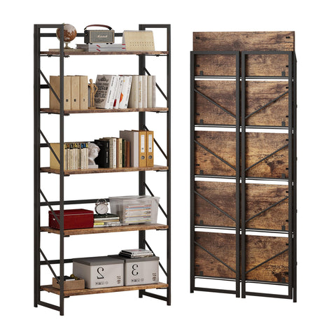 JSB No Assembly Folding Bookshelf, 5 Tier Industrial Metal Book Shelf for Storage, Vintage Wood Foldable Bookcase for Living Room, Bedroom, Office Organization Shelves JSB
