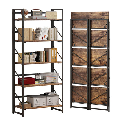 JSB No Assembly Folding Bookshelf, 5 Tier Industrial Metal Book Shelf for Storage, Vintage Wood Foldable Bookcase for Living Room, Bedroom, Office Organization Shelves