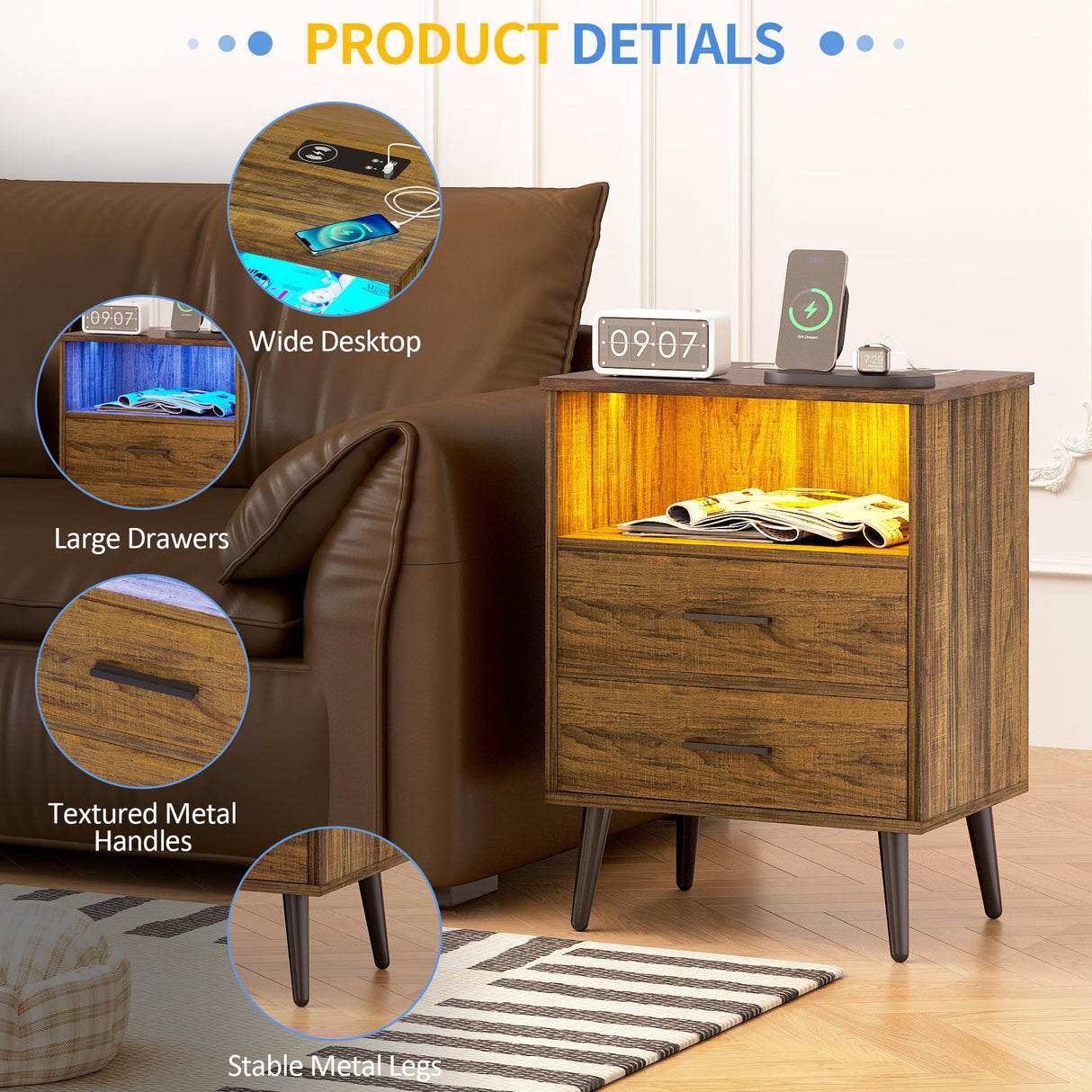 LVSOMT LED Nightstand with 3 Colors Dimmable Light, Bedroom Night Stand with Charging Station, Modern Smart Bed Side Table with 2 Drawers, Metal Legs, End Table for Living Room, Rustic Brown LVSOMT