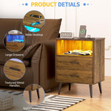 LVSOMT LED Nightstand with 3 Colors Dimmable Light, Bedroom Night Stand with Charging Station, Modern Smart Bed Side Table with 2 Drawers, Metal Legs, End Table for Living Room, Rustic Brown LVSOMT