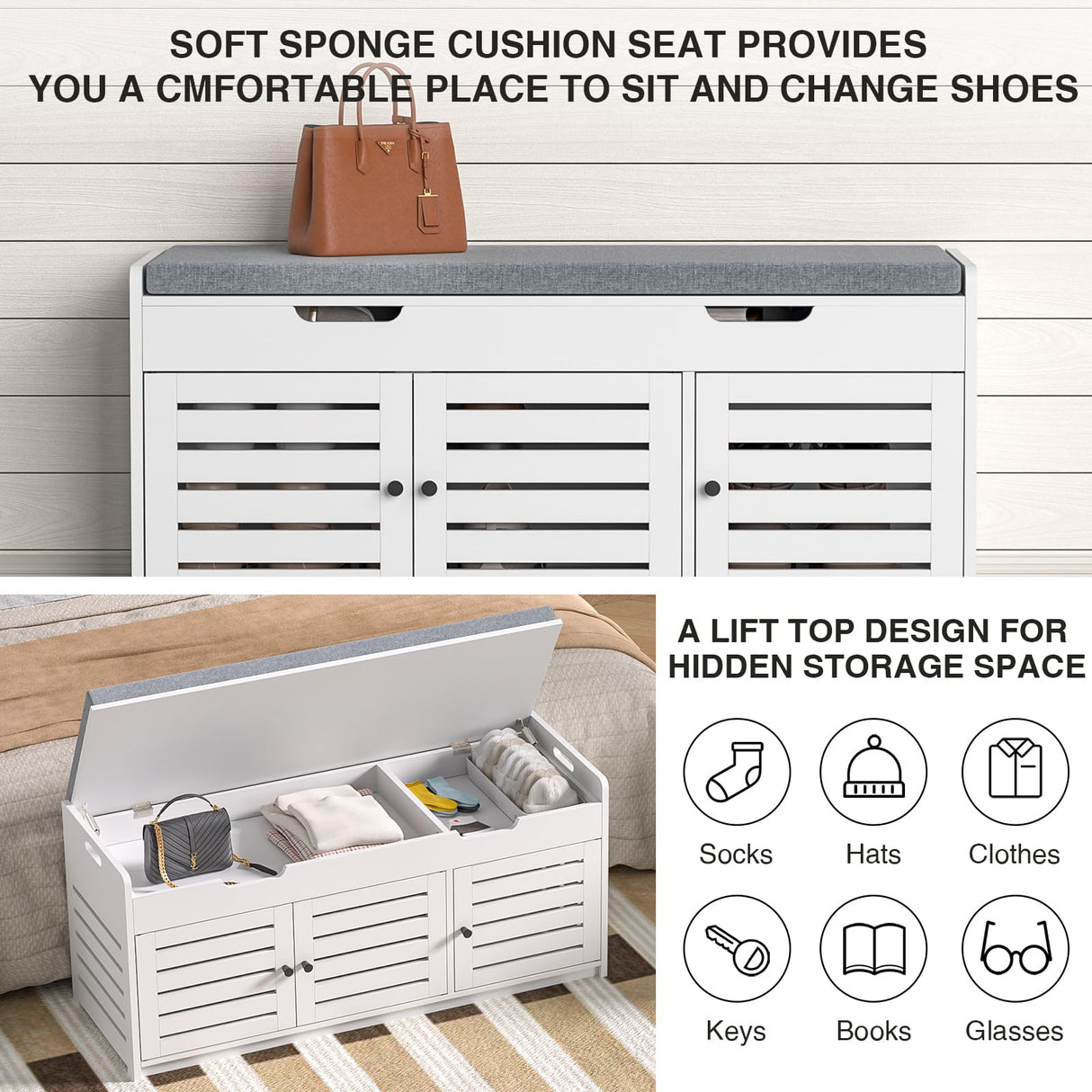 Anmire Storage Bench Entryway Bench Entryway Shoe Storage Bench with Padded Seat Cushion, 15" D x 41.3" W x 18.1" H, for Entryway, Living Room, Bedroom Anmire