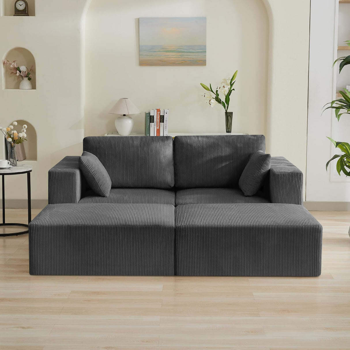 83'' Boneless Loveseat Sofa, Comfy Deep Seat Cloud Couch with 2 Moveable Ottoman, No Assembly Corduroy Love Seat for Living Room, Grey WUTUTUEE