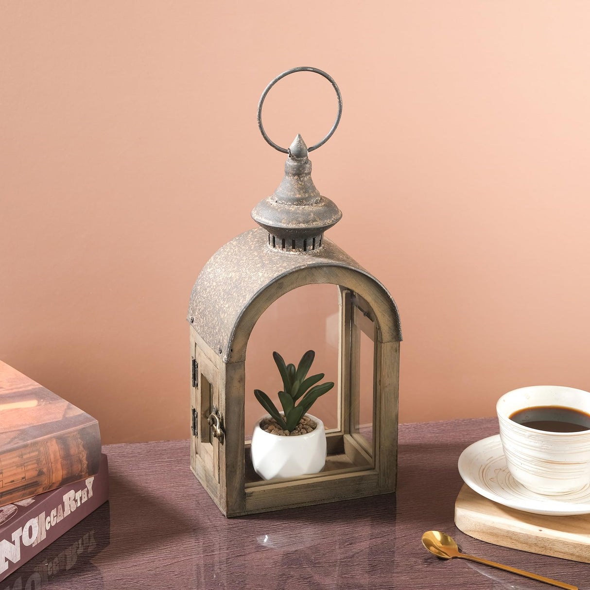 12" High Wooden Dome Lantern Made of Solid Fir Wood and Real Glass in Rustic Brown Finish with Rustic Metal Top, Hurricane Lantern, Farmhouse Lantern (1, Brown, Small) twakutwaku