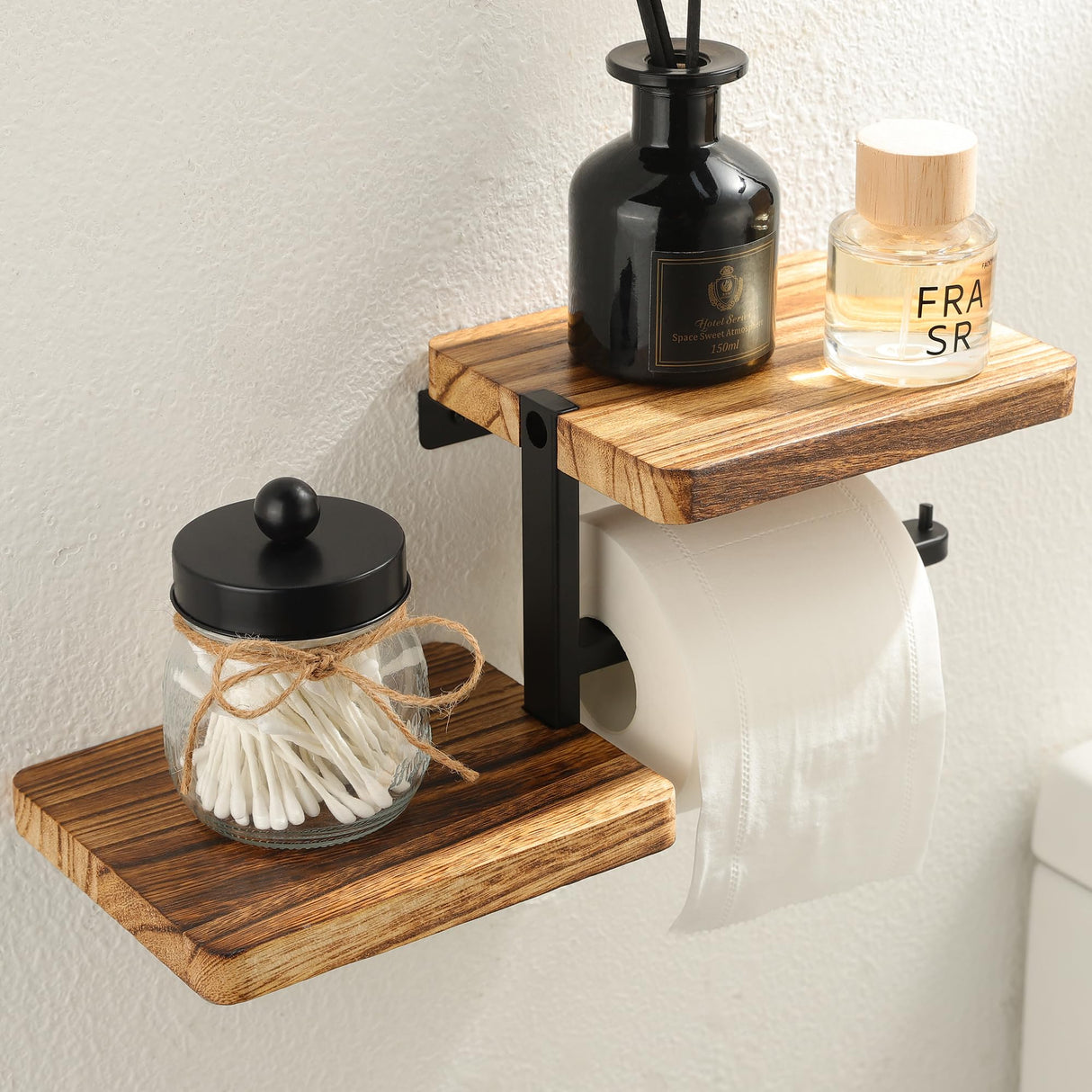 AIDILI Toilet Paper Holder with Shelf Wall Mounted - Bathroom Tissue Holder&Farmhouse Toilet Roll Holder with Wipes Storage, Carbon Rustic AIDILI