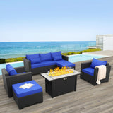 Rattaner Outdoor Patio Furniture 60000 BTU Outdoor Propane Fire Pit Table Patio Furniture Set 45" Outdoor Fire Pits 6 Pieces Patio Sofa Outdoor Chairs Anti-Slip Cushions Waterproof Covers, Royal Blue Rattaner