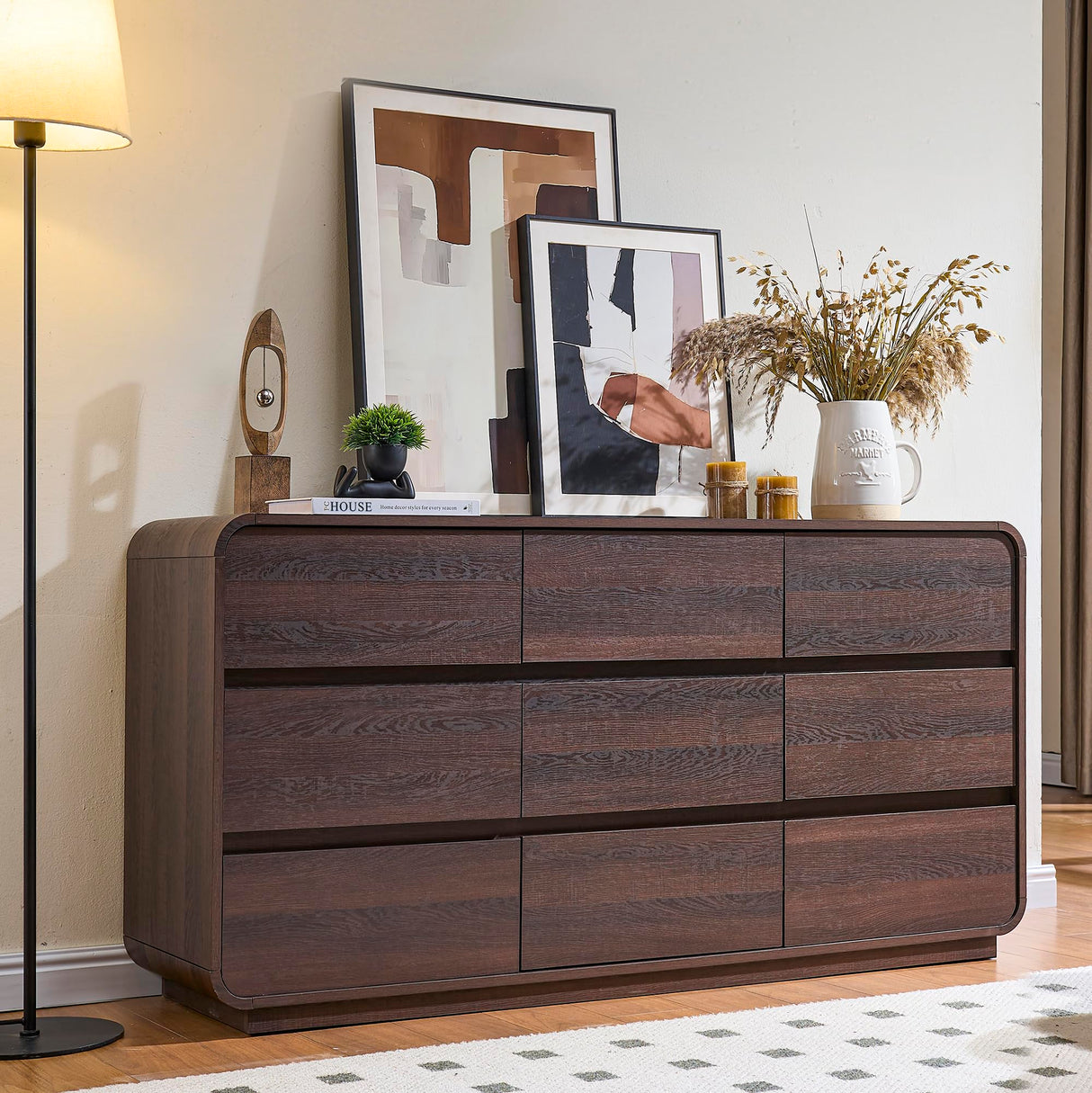 Standifurno 9 Drawer Double Dresser for Bedroom, Modern Curved Wood Chest Drawers of Handleless, Large Storage Dresser Bedroom, Living Room, Entryway, Walnut Standifurno
