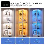 Glass Display Cabinet with Doors, 65" Tall 4-Tier Curio Display Case with 3 Color Lights and Human Body Sensor, Bookcase for Collectibles, White WEQUB
