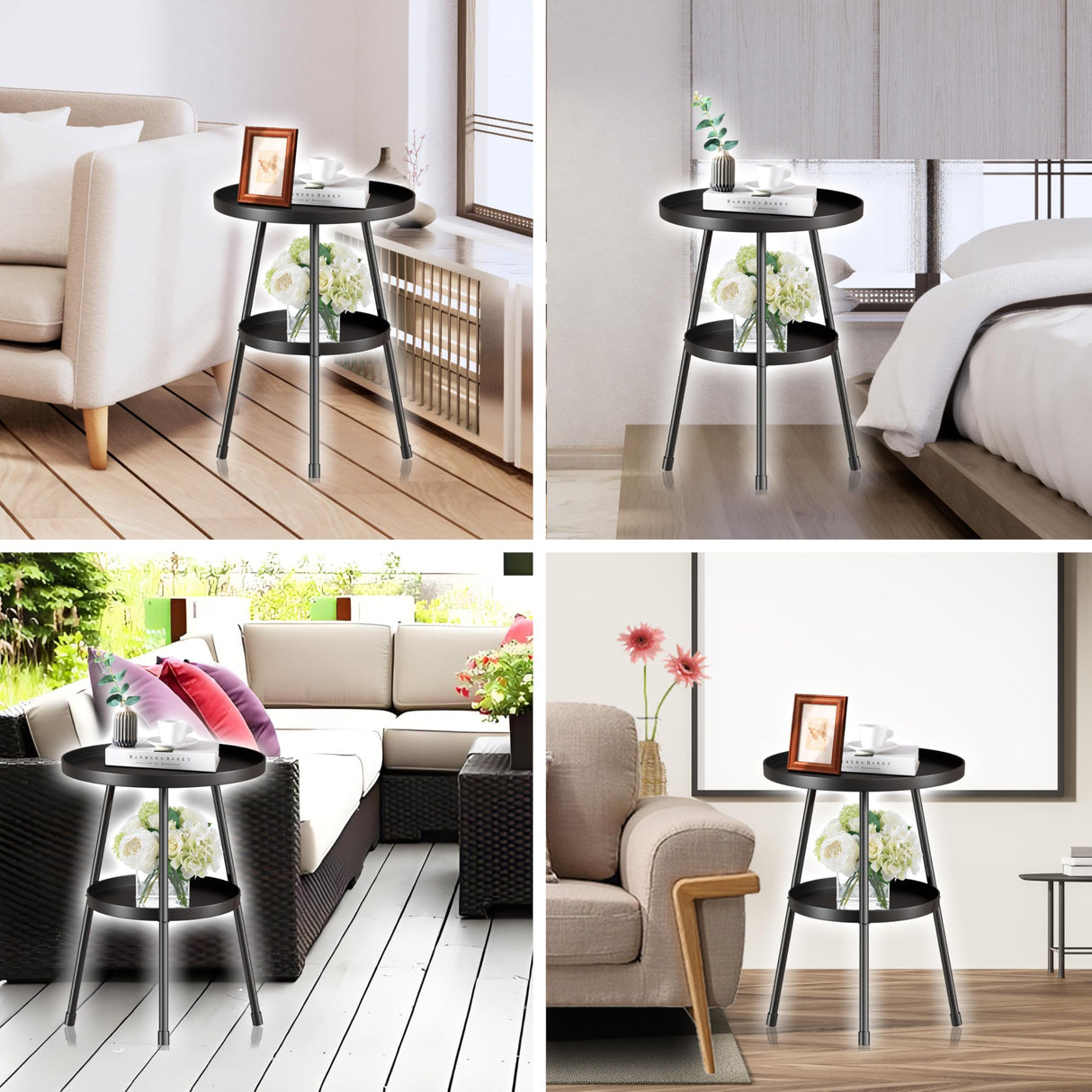 Small Side Table Round 2 Tier End Table Metal Round Coffee Tables Nightstand for Small Spaces Indoor Outdoor and Living Room Bedroom or Office SYQ