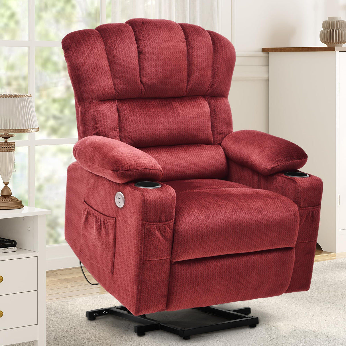 YITAHOME Power Lift Recliners Chair for Elderly with Heat and Massage Electric Recliner Chair for Living Room, 2 Cup Holders, Front and Side Pockets, Remote Control, Burgundy3 YITAHOME