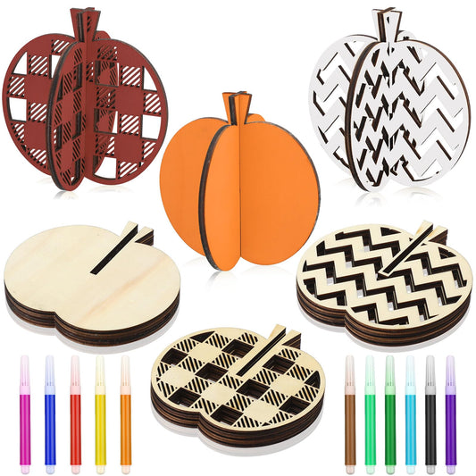 Huwena 24 Pcs Pumpkin Wood DIY Crafts Cutouts with 12 Colored Markers Unfinished Pumpkin Wood Slices DIY Thanksgiving Crafts Freestanding Pumpkin Ornaments for Fall Autumn Party Table Tiered Tray