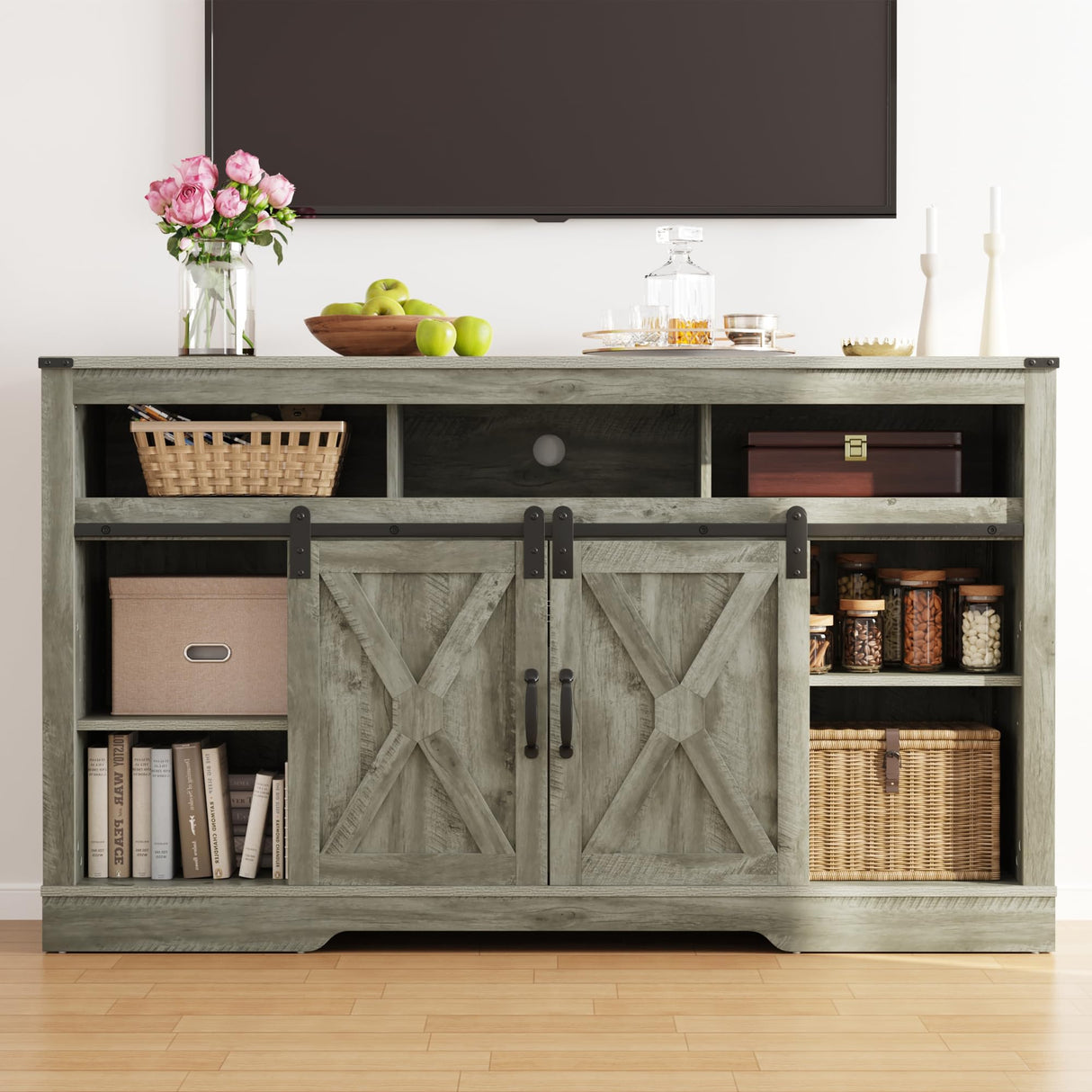 May in Color Fireplace TV Stand for 65+ Inch TV, Farmhouse Entertainment Center with 23" Electric Fireplace with Remote, Modern Rustic TV Console with Sliding Bar Door for Living Room,Light Grey May in Color