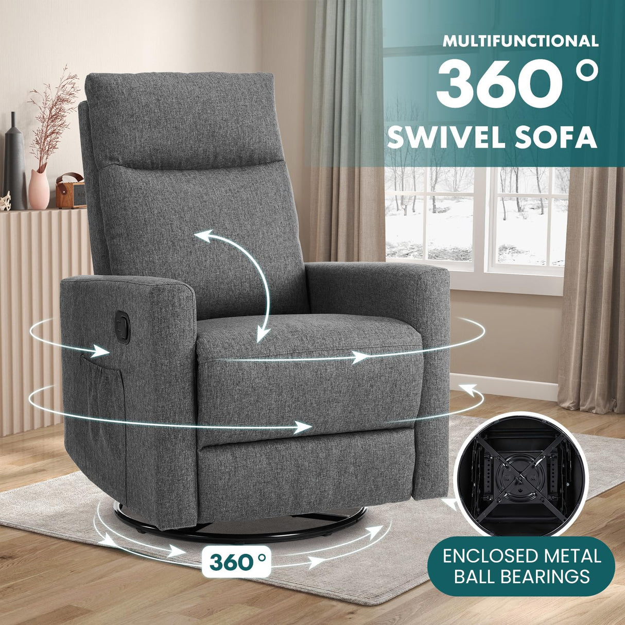 SMUG Swivel Rocking Recliner Chair with Extra Large Footrest High Back, Upholstered Glider Nursery Chair for Living Room, Bedroom & Nursery, Comfortable Deep Seat for Relaxation, Grey SMUG