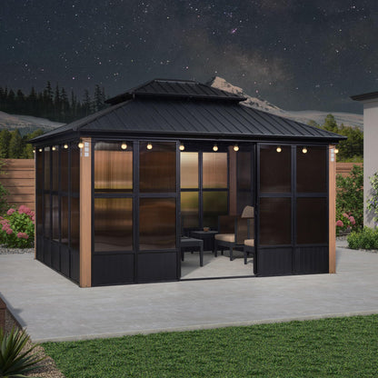 PURPLE LEAF 12' X 14' Patio Hardtop Gazebo Double Top Outdoor Screen House Aluminum Solarium Backyard Sun Room with Detachable Windows and 24 Solar String Light - WoodArtSupply