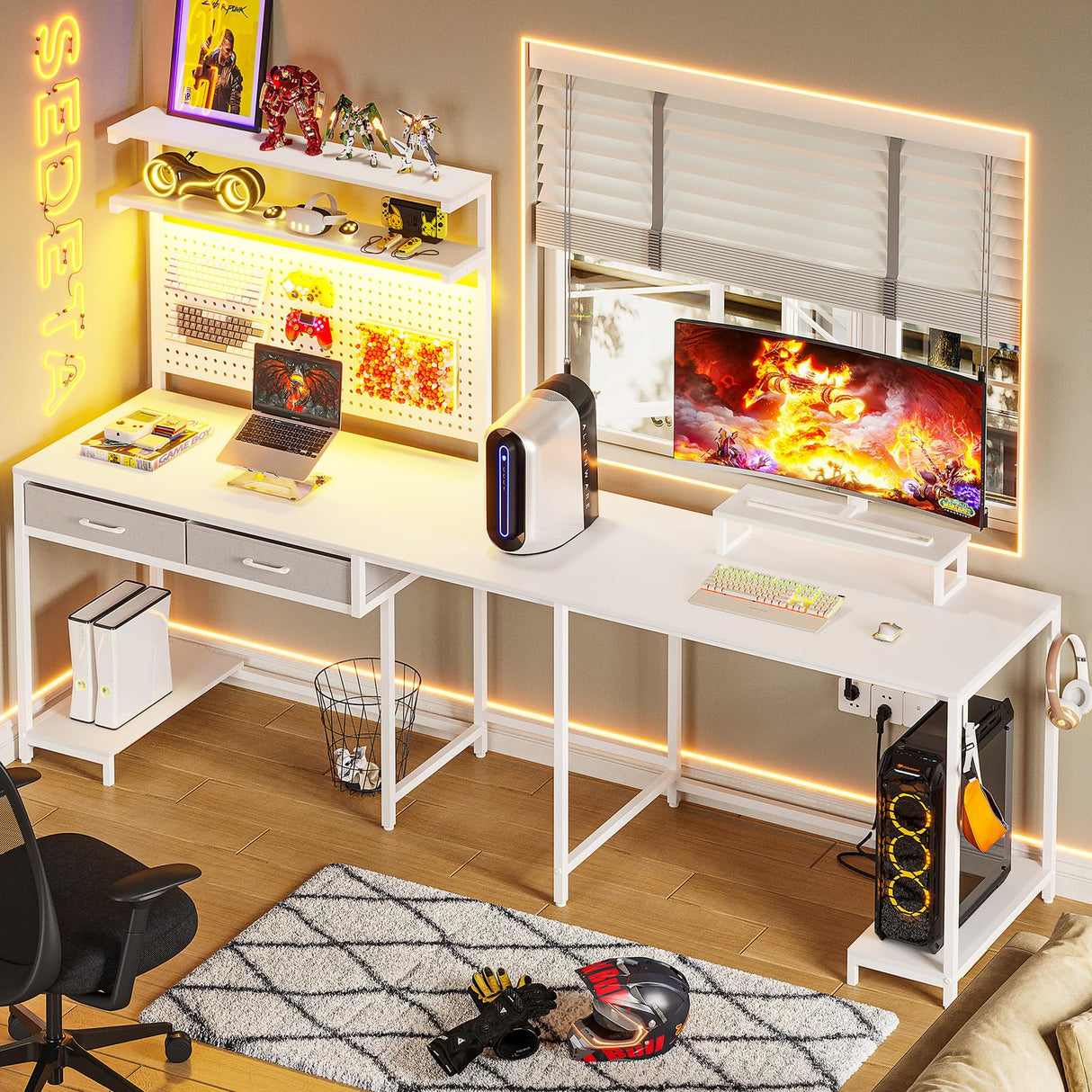 SEDETA White L Shaped Gaming Desk with LED Lights and Drawers, Gaming Desk with Hutch & Pegboard, Computer Desk with Monitor Stand, Storage Shelves, Home Office Desk Corner Desk, Gaming Table SEDETA