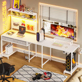 SEDETA White L Shaped Gaming Desk with LED Lights and Drawers, Gaming Desk with Hutch & Pegboard, Computer Desk with Monitor Stand, Storage Shelves, Home Office Desk Corner Desk, Gaming Table SEDETA