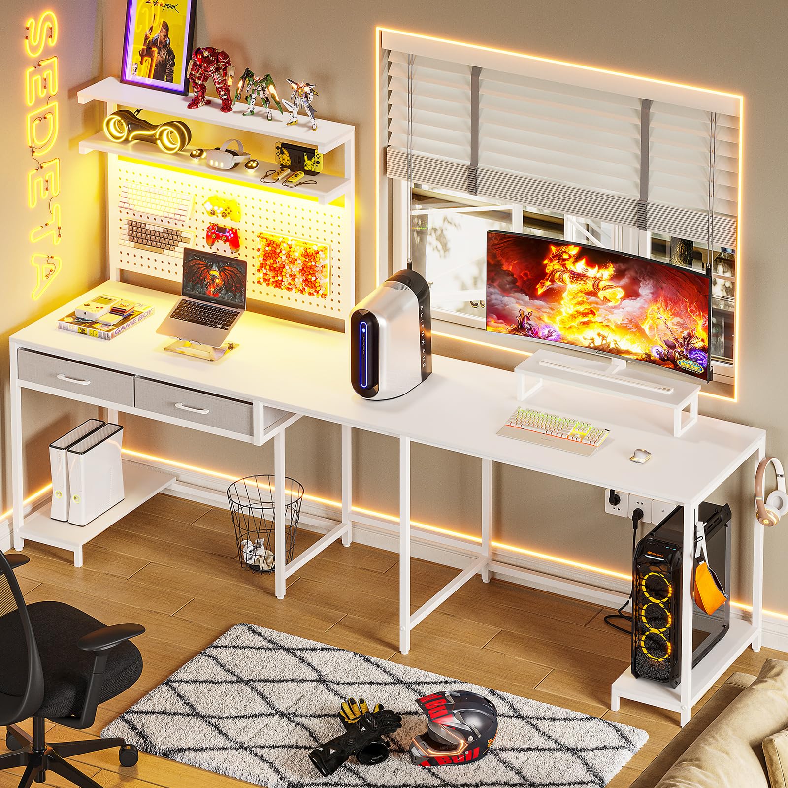 SEDETA White L Shaped Gaming Desk with LED Lights and Drawers, Gaming Desk with Hutch & Pegboard, Computer Desk with Monitor Stand, Storage Shelves, Home Office Desk Corner Desk, Gaming Table - WoodArtSupply