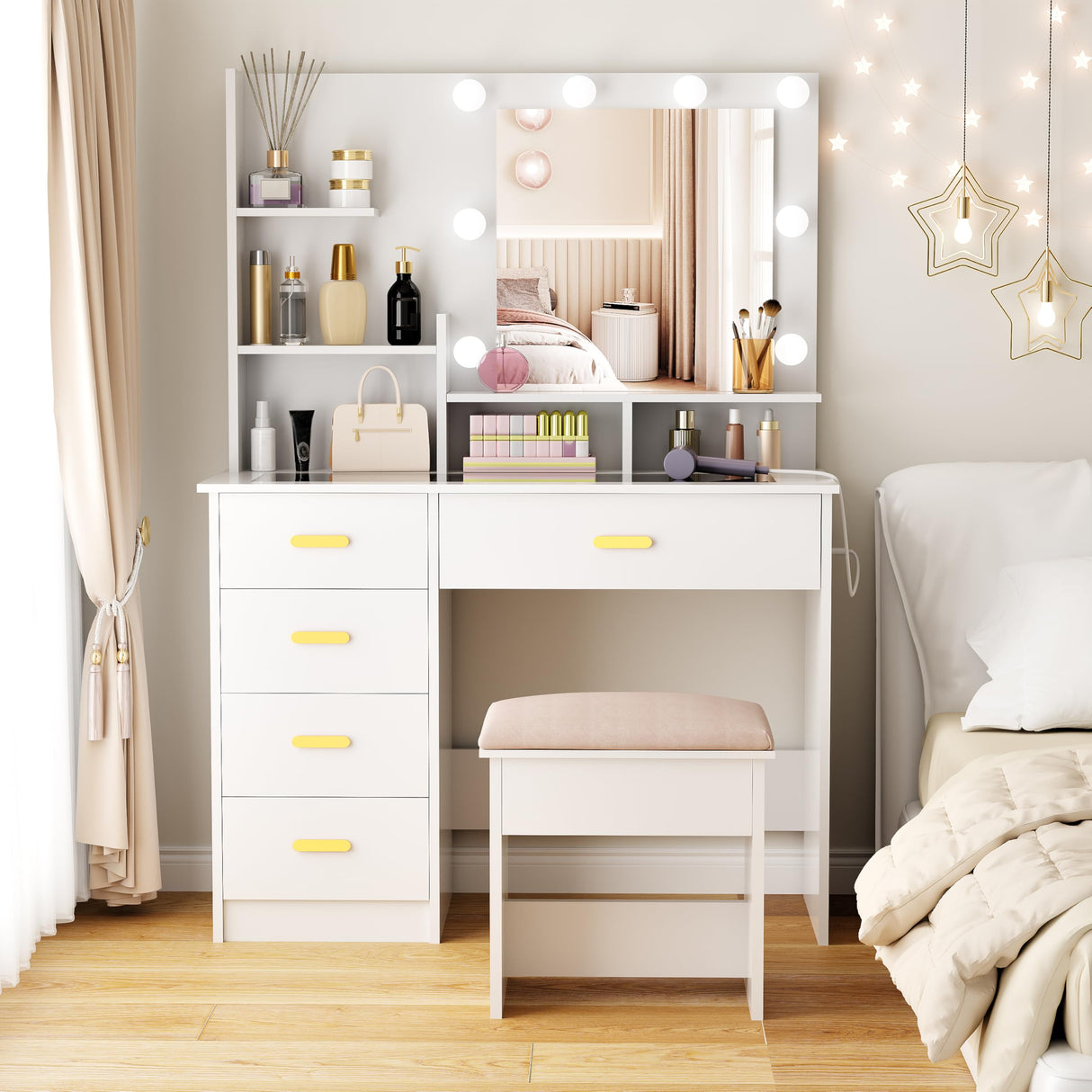 ANWBROAD Makeup Vanity Desk with Mirror and Lights Power Outlet 35.5" Vanity with Glass Top Dresser 3 Lighting Modes Brightness Adjustable White Vanity Desk with Drawers Shelves Bedroom Stool UBDT64W ANWBROAD