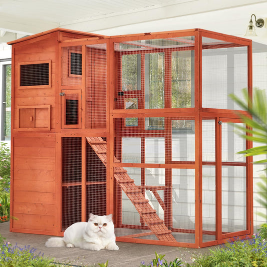 YODOLLA Wooden Cat House,Large Space Cat Cage,Large Outdoor/Indoor Catio Enclosures,Wooden Cat House Weatherproof with Multi Platforms, Indoor Interoperability,Jump Platform