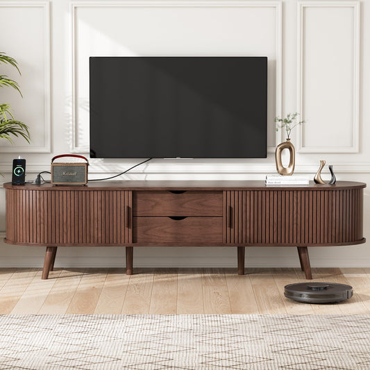 69" Mid Century Modern TV Stand with Charging Station, Farmhouse Curved Round Edge TV and Media Console Table with Drawer and Shelf, Fluted Entertainment Center for Living Room, Bedroom, Waln - WoodArtSupply