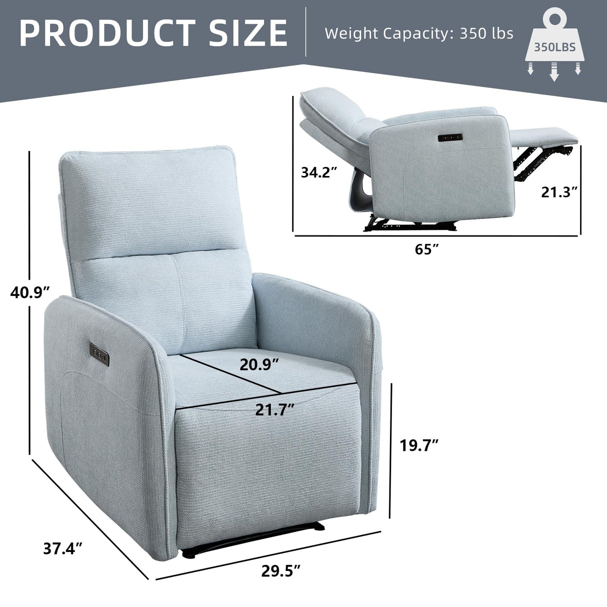 IOMOR Power Recliner Chair for Adults, Electric Recliner with USB Tape-C Ports, Zero Wall Single Reclining for Small Space, Living Room (1, Blue) IOMOR