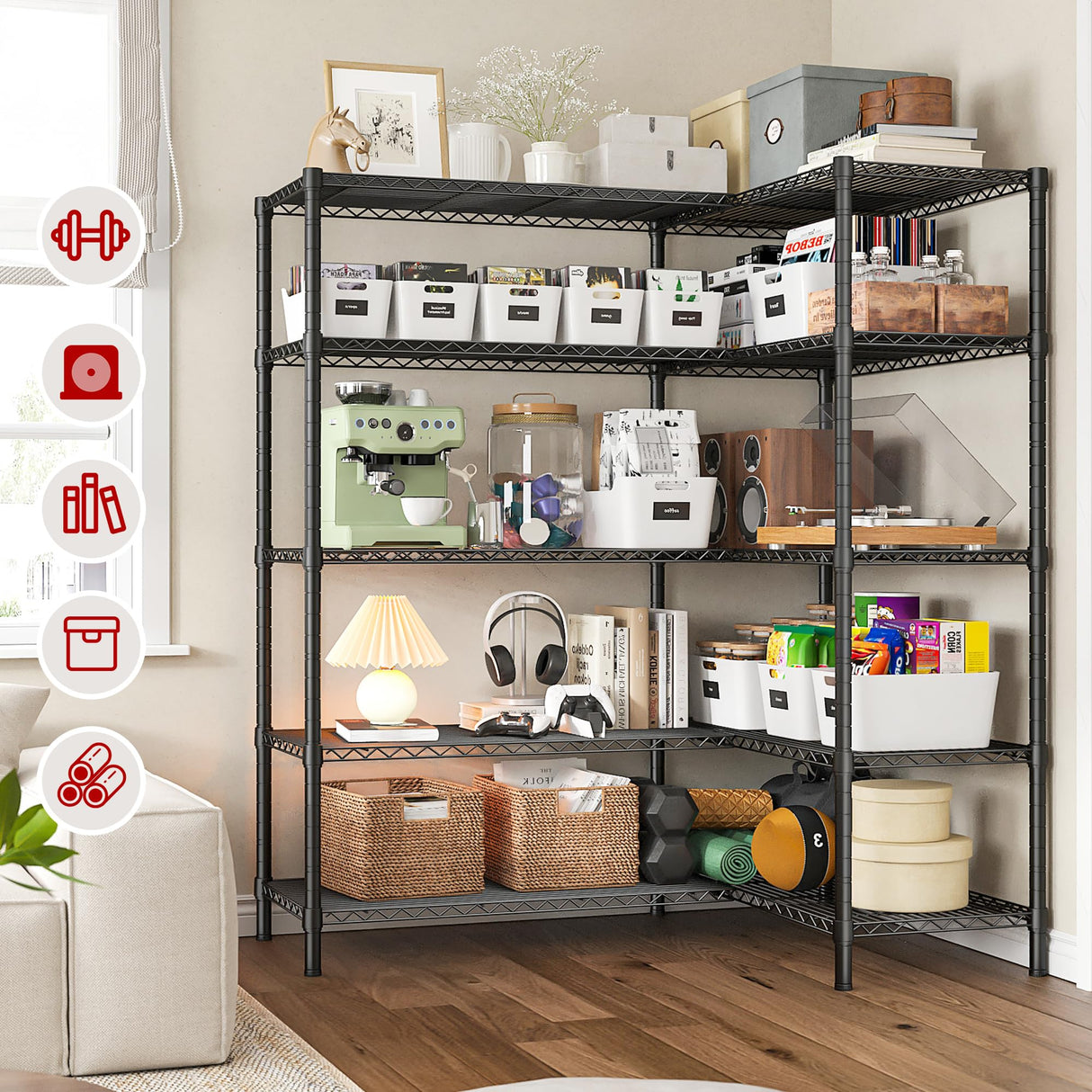 REIBII REIBII1450LBS Metal Shelving Unit Storage Shelves 5 Tier Wire Shelving 58.1''W Pantry Shelves Wire Shelf Adjustable Garage Shelving Heavy Duty Storage Rack for Pantry Kitchen Garage, Black REIBII