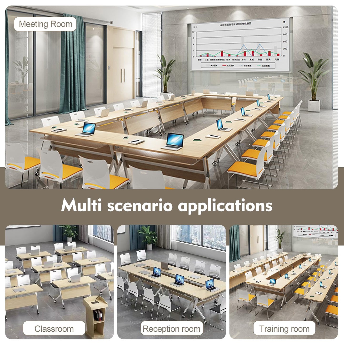 6-Pack Folding Conference Table,Modern Office Conference Room Table, Mobile Flip Top Training Tables with Caster Wheels,Foldable Meeting Table for Office,Meeting Room,Class