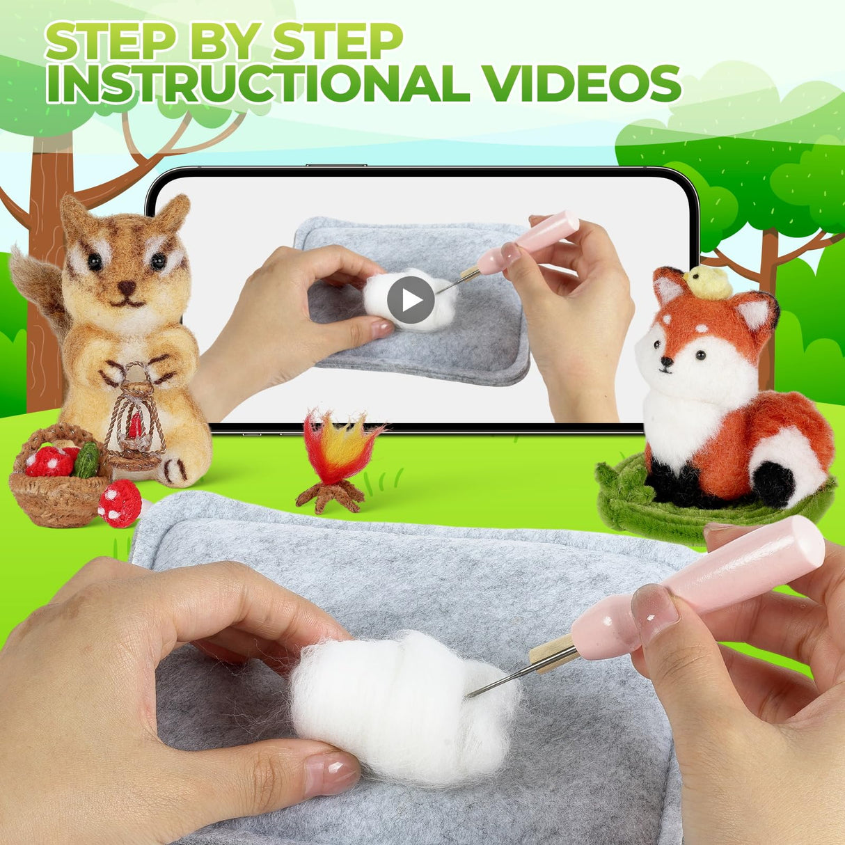 MOREJMTT Needle Felting Kit, 5 PCS Farm Animal Needle Felting Beginner Kits, Wool Felt Needle Felting Tools Foam Pad, Craft Party Supplies for Beginners Adult(Forest Animals) MOREJMTT