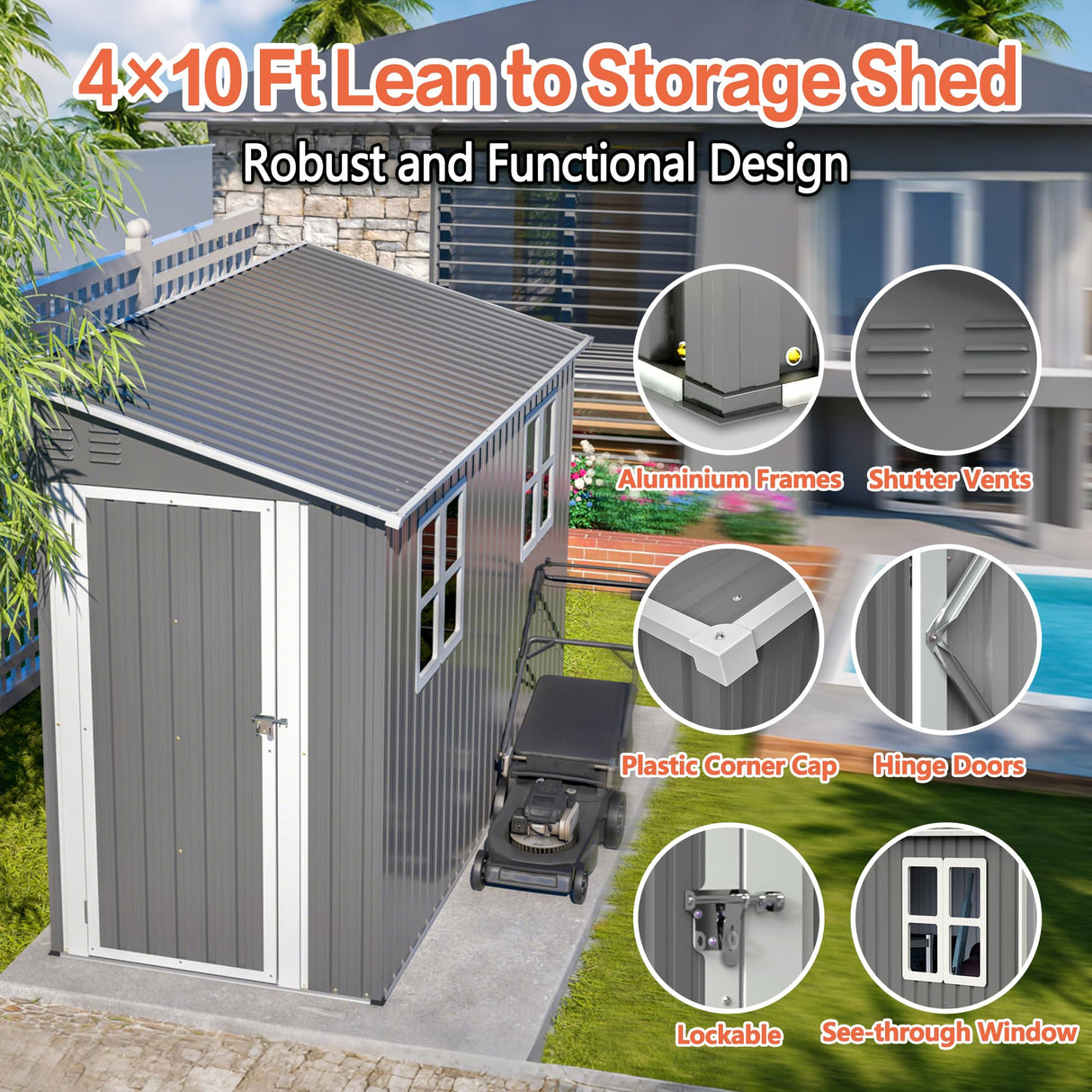 4x10 Ft Outdoor Heavy-Duty Shed, Metal Lean to Shed with Floor Kit and 2 Windows for Tools, Bikes, Patio Equipment, with Left/Right Door Options LZBEITEM