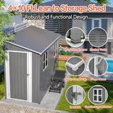 4x10 Ft Outdoor Heavy-Duty Shed, Metal Lean to Shed with Floor Kit and 2 Windows for Tools, Bikes, Patio Equipment, with Left/Right Door Options LZBEITEM