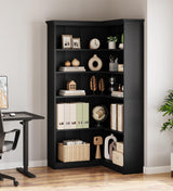 IDEALHOUSE Corner Bookshelf 72.8in Farmhouse Bookcase Large Bookshelf Wood Bookcase Tall 5 Tier Corner Shelf L Shaped Bookshelfs Storage Display Rack Living Room Bedroom (Black Full Panel) IDEALHOUSE