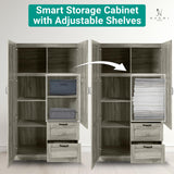 Naomi Home Grey Oak Storage Cabinet with 2 Barn Doors, 2 Drawers & Adjustable Shelves – Modern Wardrobe Closet Armoire for Bedroom, Entryway & Utility Room Naomi Home