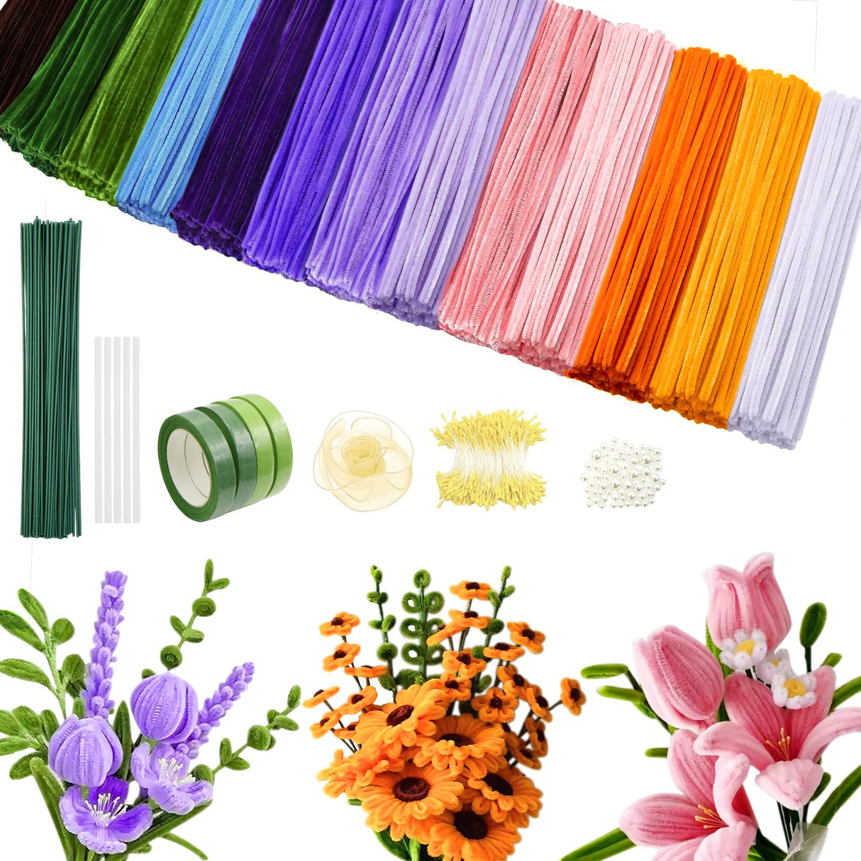 800 PCS Pipe Cleaners Craft, Pipe Cleaners Flowers Kit with Handle, 13 Colors Chenille Stems with Instruction, Art and Craft Supplies beanicus