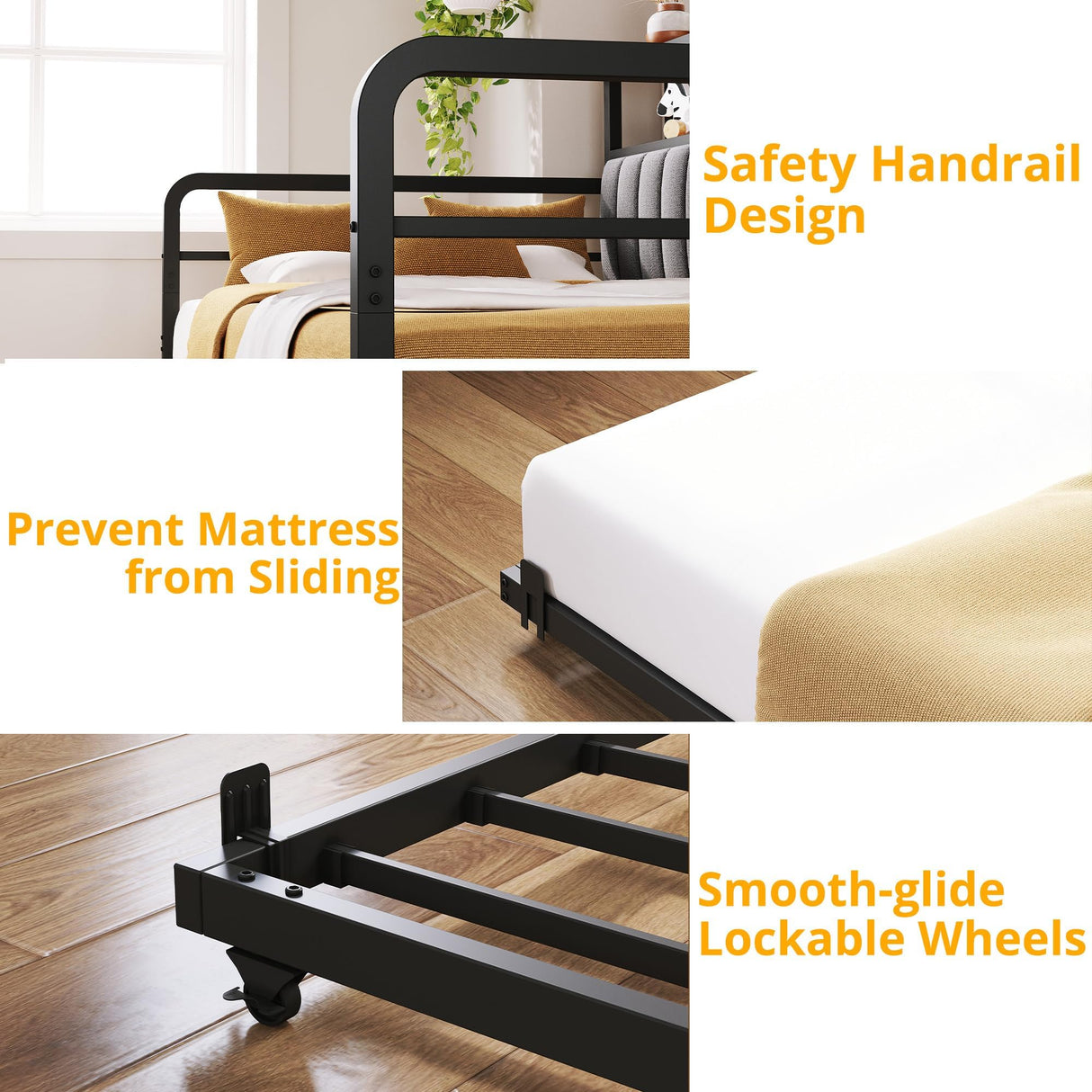 ANCTOR Daybed with Trundle, LED Lights and Charging Station, Full Size Daybed with 2-Tier Storage Shelves and Upholstered Headboard, Metal Sofa Bed Frame for Living Room, Bedroom, Black ANCTOR