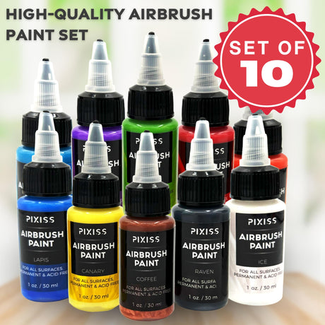 Pixiss Air Brush Painting Set - 10 Colors of Acrylic Paint for Airbrush Kit - Acrylic Airbrush Paint Set for Model Paint Kit - Vibrant Pigments for Various Surfaces Pixiss